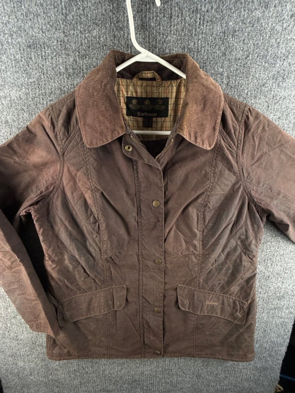 Barbour Sapey Size 14 US (18) Waxed Jacket Women Full Zip Brown Corduroy Collar